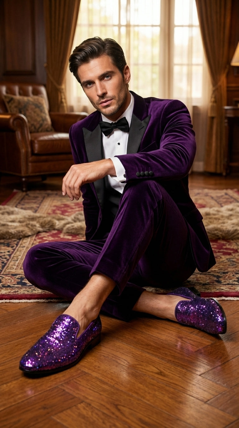 Mens Purple Sequin Dress Shoes Slip on  – Luxury Slip On Formal Loafers Wedding Prom Party Designer Footwear - 6 Standard / D / Medium