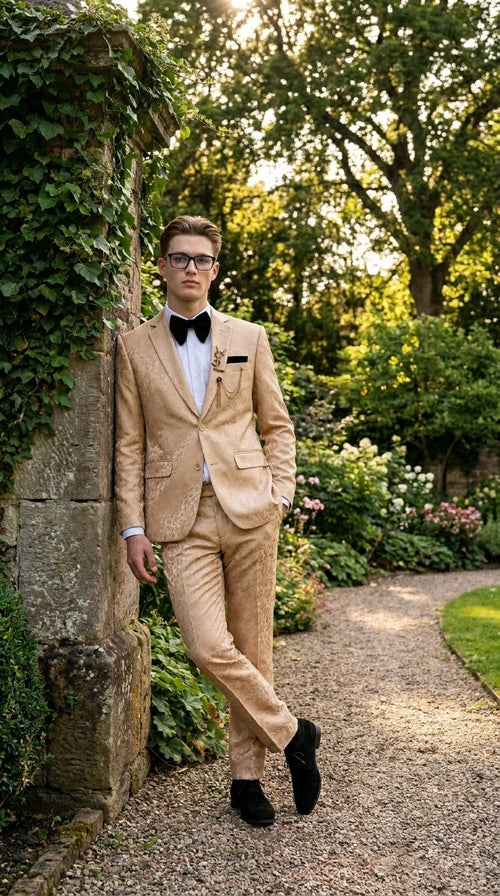 Men’s Champagne Gold Paisley Prom Tuxedo, Formal Dinner Suit for Prom, Weddings, Parties in Tan Color