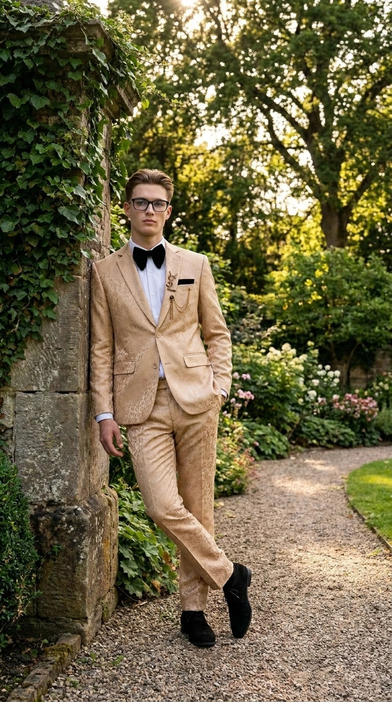 Men’s Champagne Gold Paisley Prom Tuxedo, Formal Dinner Suit for Prom, Weddings, Parties in Tan Color - 34 Short or Extra Small
