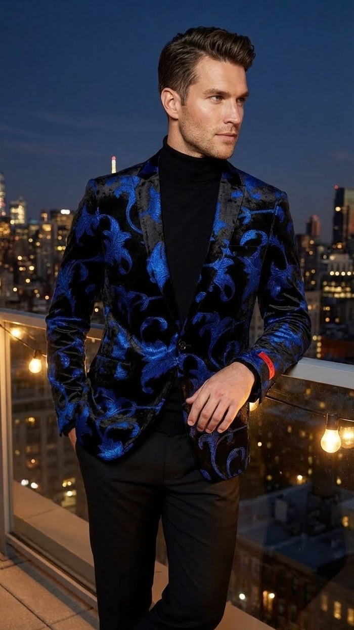 Mens Black and Royal Blue Patterned Blazer Paisley Floral Sport Coat Prom Jacket