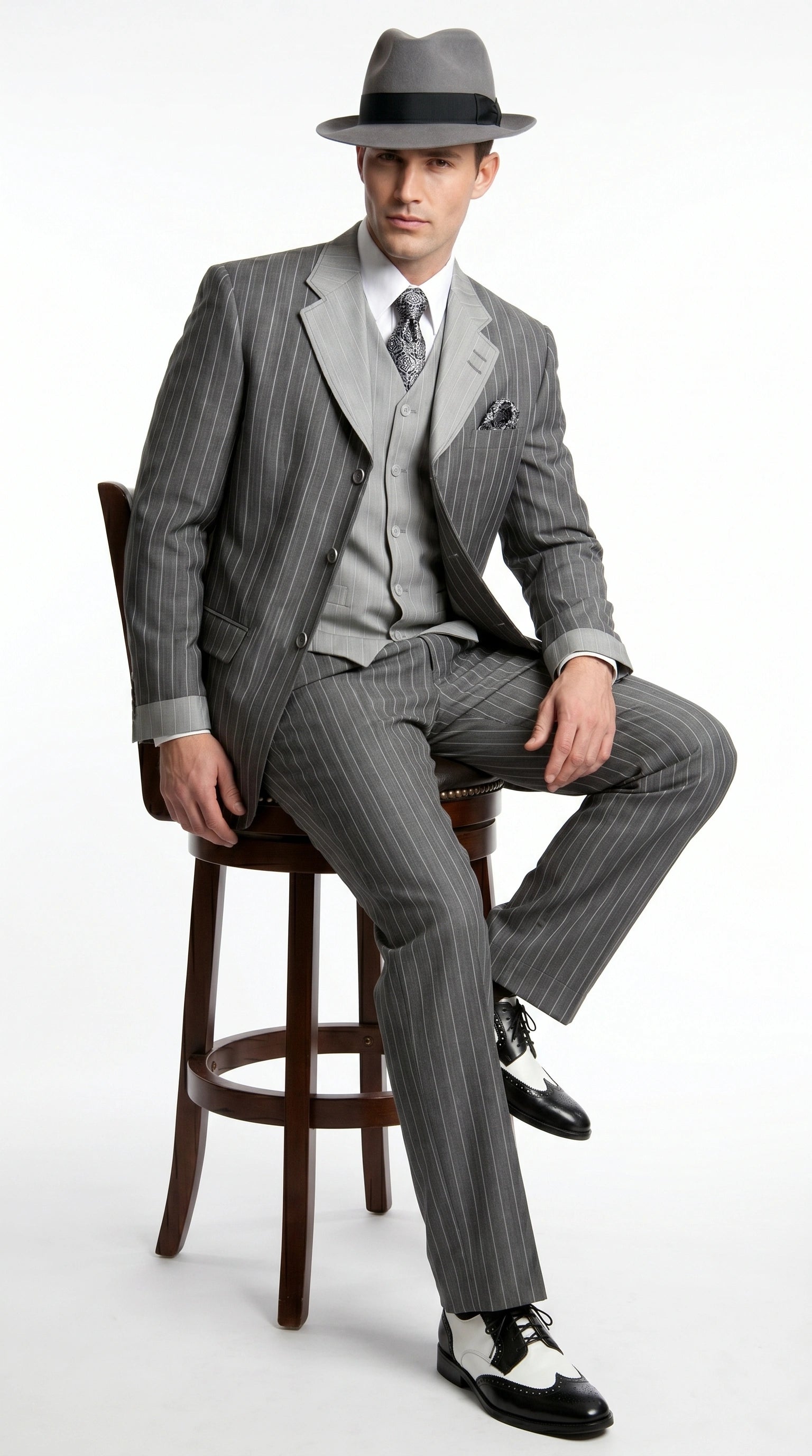 Men’s Grey Pinstripe 1920s Gangster 3 Piece Suit, Contrast Lapel Vintage Formal Suit for Parties, Prom, Weddings, and Theme Events - 34 Short or Extra Small
