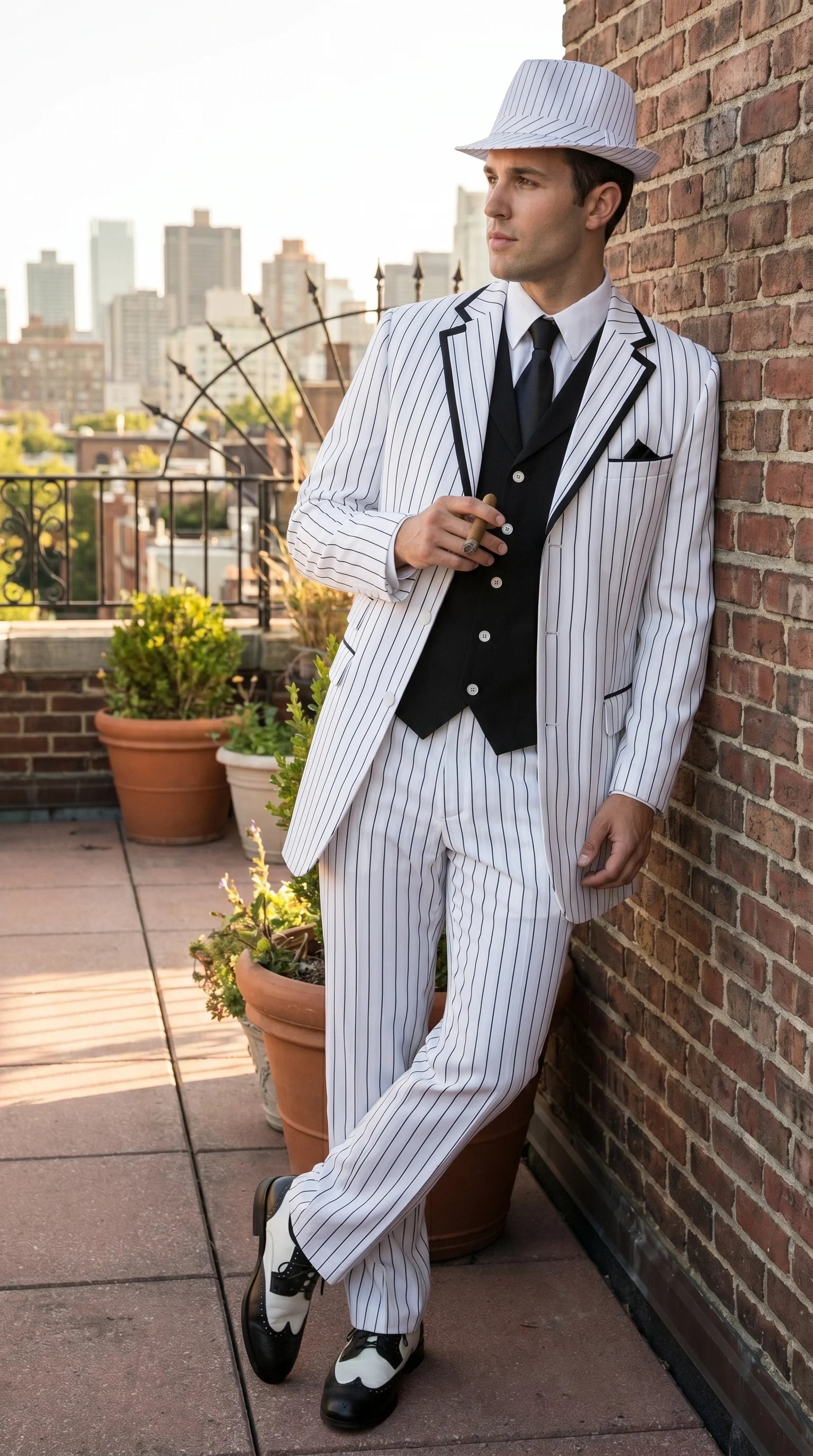 Men’s White Pinstripe 1920s Gangster 3 Piece Suit, Black Contrast Formal Costume Suit for Parties, Prom, Weddings, and Theme Events - 34 Short or Extra Small