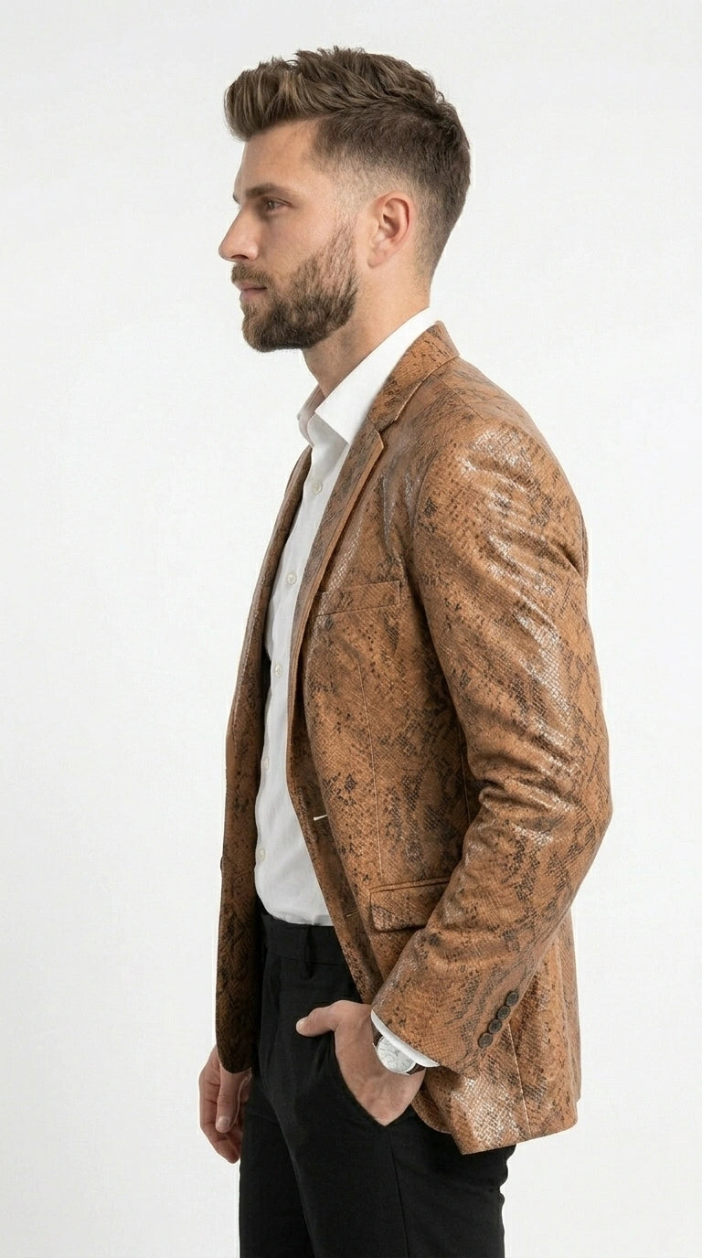 Men’s Tan Snakeskin Print Blazer, Brown Sport Coat Camel Alligator Crocodile Animal Print leopard Jacket - 36 Short