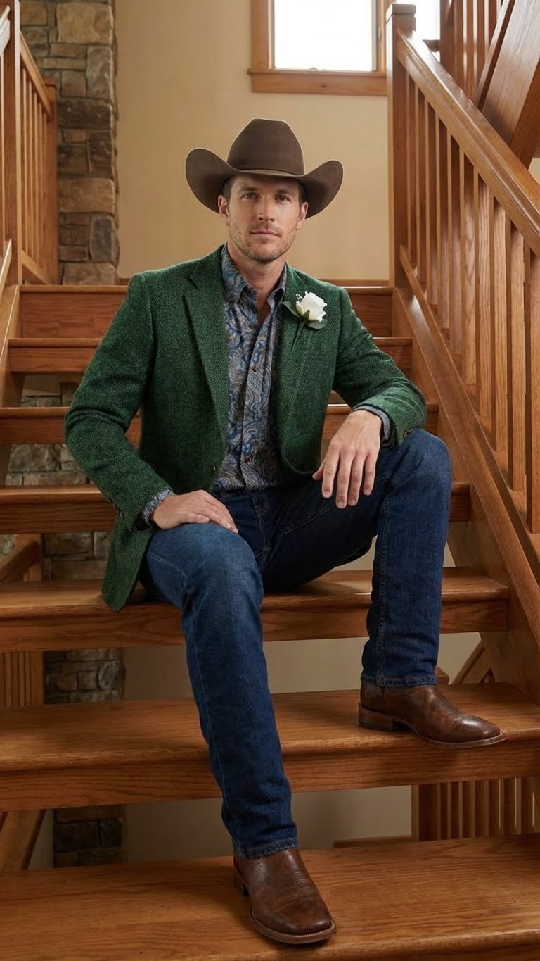 Mens Green Western Blazer Jacket Classic Cowboy Style Sport Coat for Wedding, Party and Formal Events - 36 Short