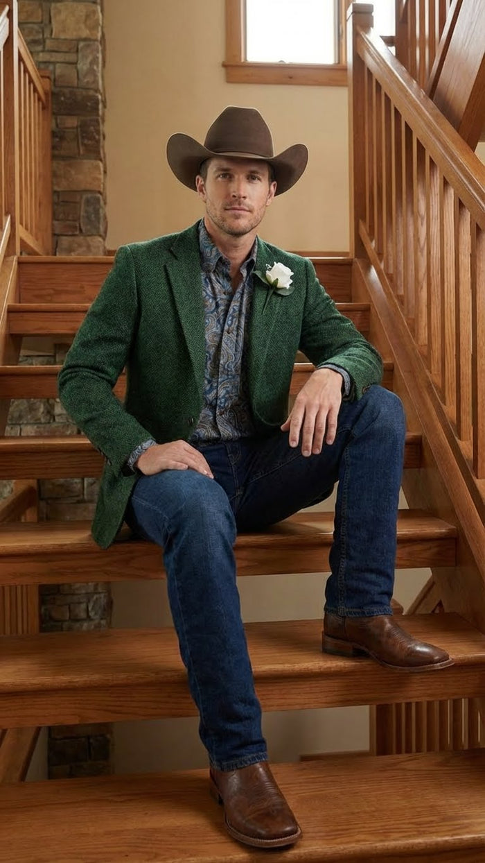 Mens Green Western Blazer Jacket Classic Cowboy Style Sport Coat for Wedding, Party and Formal Events