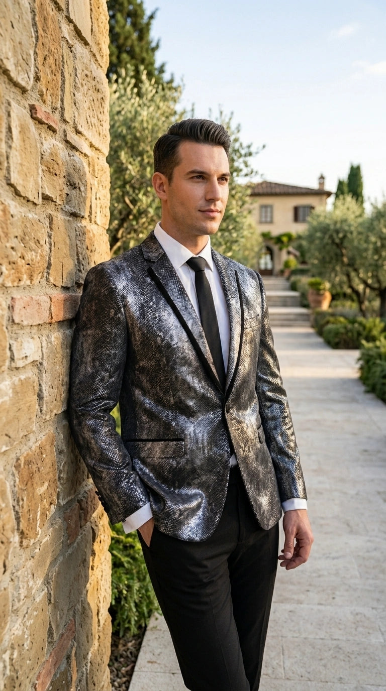 Men’s Black and Charcoal Gray Snakeskin Print Blazer, Animial Exotic Skin Alligator Crocodile Texture - 36 Short