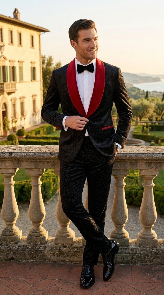 Men’s Black Paisley 2 Piece Suit with Red Shawl Lapel, Formal Wedding Prom Party Suit Set