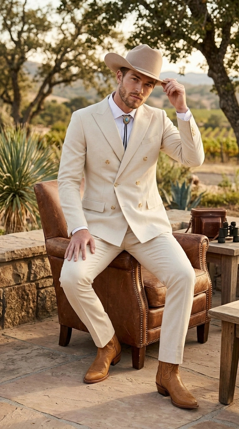Men’s Tan Linen Cowboy Suit, Double Breasted Western Wedding Formal Western Suit Country style in Beige Tan Color - 34 Short or Extra Small