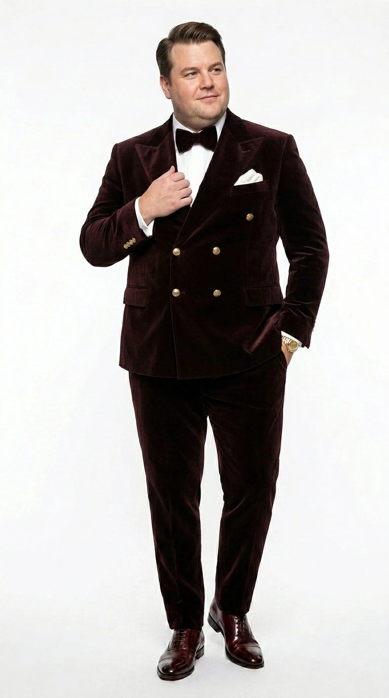 Men’s Dark Brown Velvet Blazer and Pants 2 Piece Suit, Double Breasted Formal Dinner Suit for Weddings, Prom - 34 Short or Extra Small