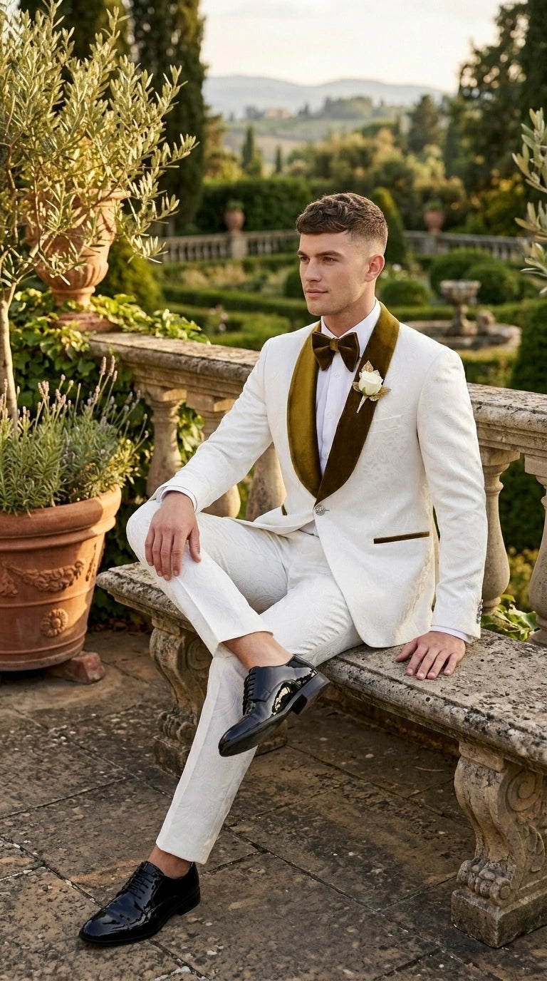 Men’s White Paisley 3 Piece With Vest Prom Tuxedo with Gold Velvet Shawl Lapel, Formal Wedding Suit Set - 34 Short or Extra Small