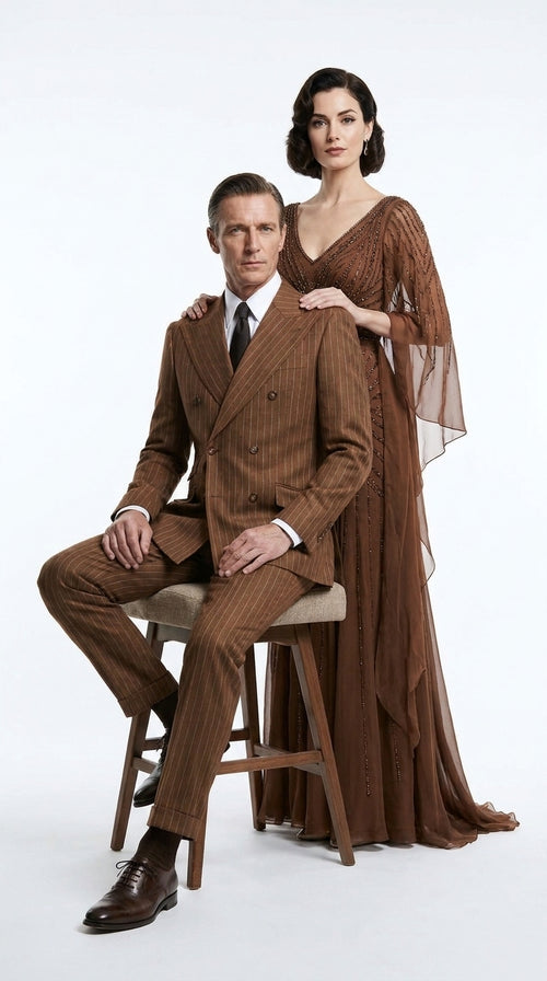 Men’s Vintage Brown Pinstripe Double-Breasted Suit – Classic 1920s Gatsby and 1930s 1940s 1950s Suit