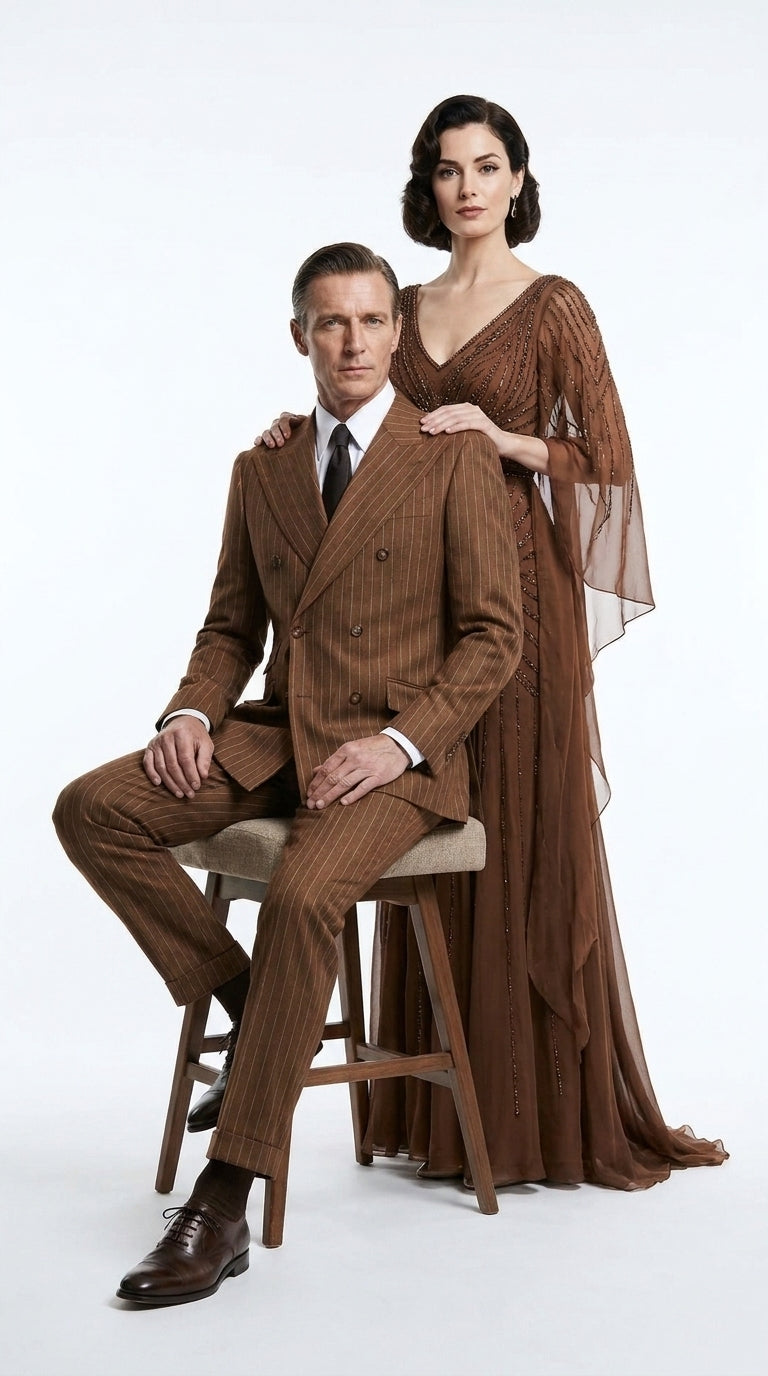 Men’s Vintage Brown Pinstripe Double-Breasted Suit – Classic 1920s Gatsby and 1930s 1940s 1950s Suit