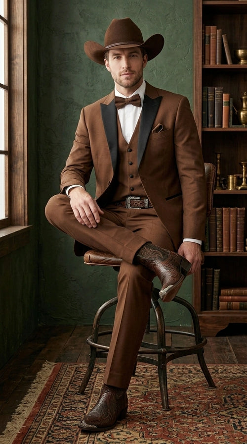 Men’s Light Brown Western Tuxedo 3 Piece Suit with Black  Collar Lapel, Country Look Cowboy Suit