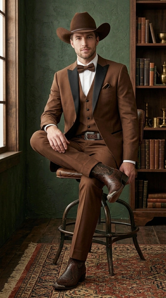 Men’s Light Brown Western Tuxedo 3 Piece Suit with Black  Collar Lapel, Country Look Cowboy Suit