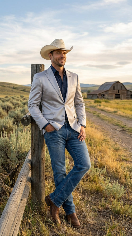 Mens Shiny Silver Cowboy Blazer Western Style Satin Finish Blazer for Party, Country Events and Evening Wear