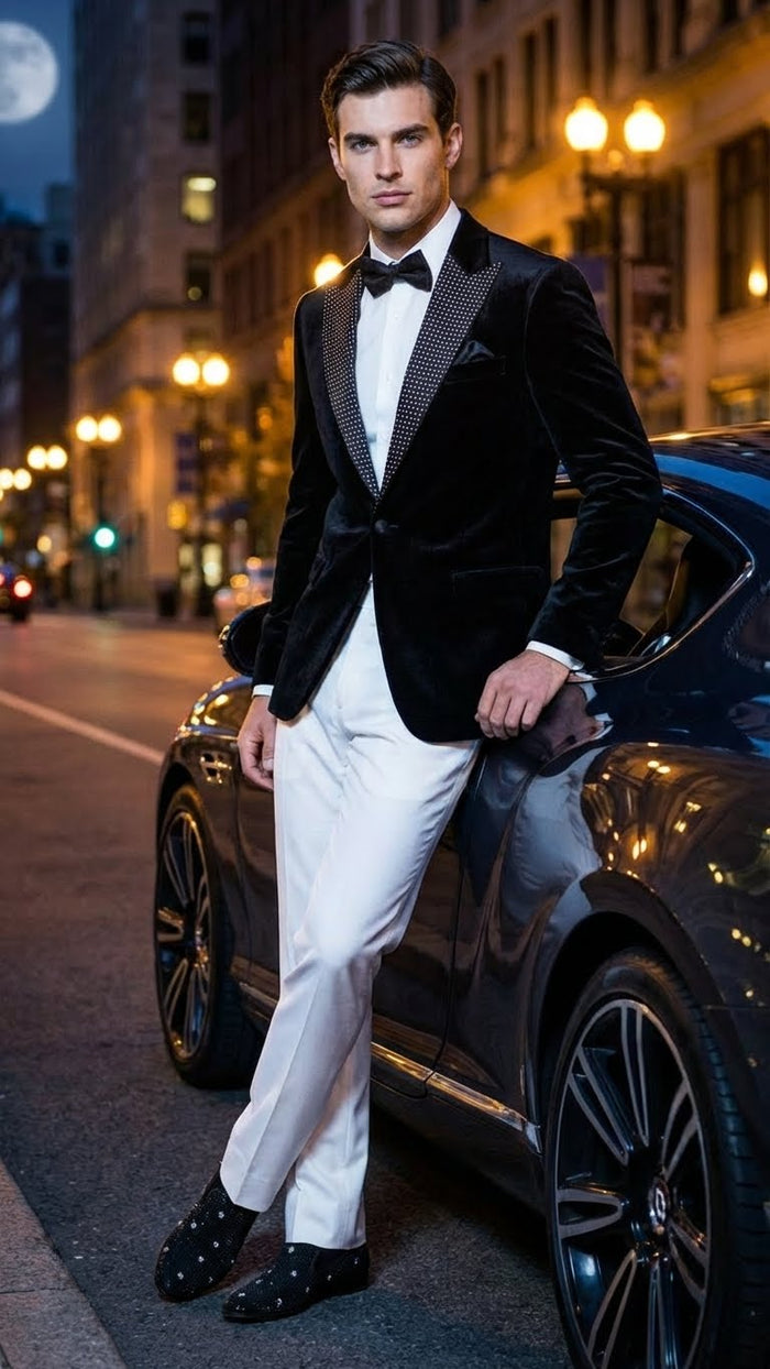 Mens Black Velvet Tuxedo Blazer with Studded Lapel  Formal Evening Jacket