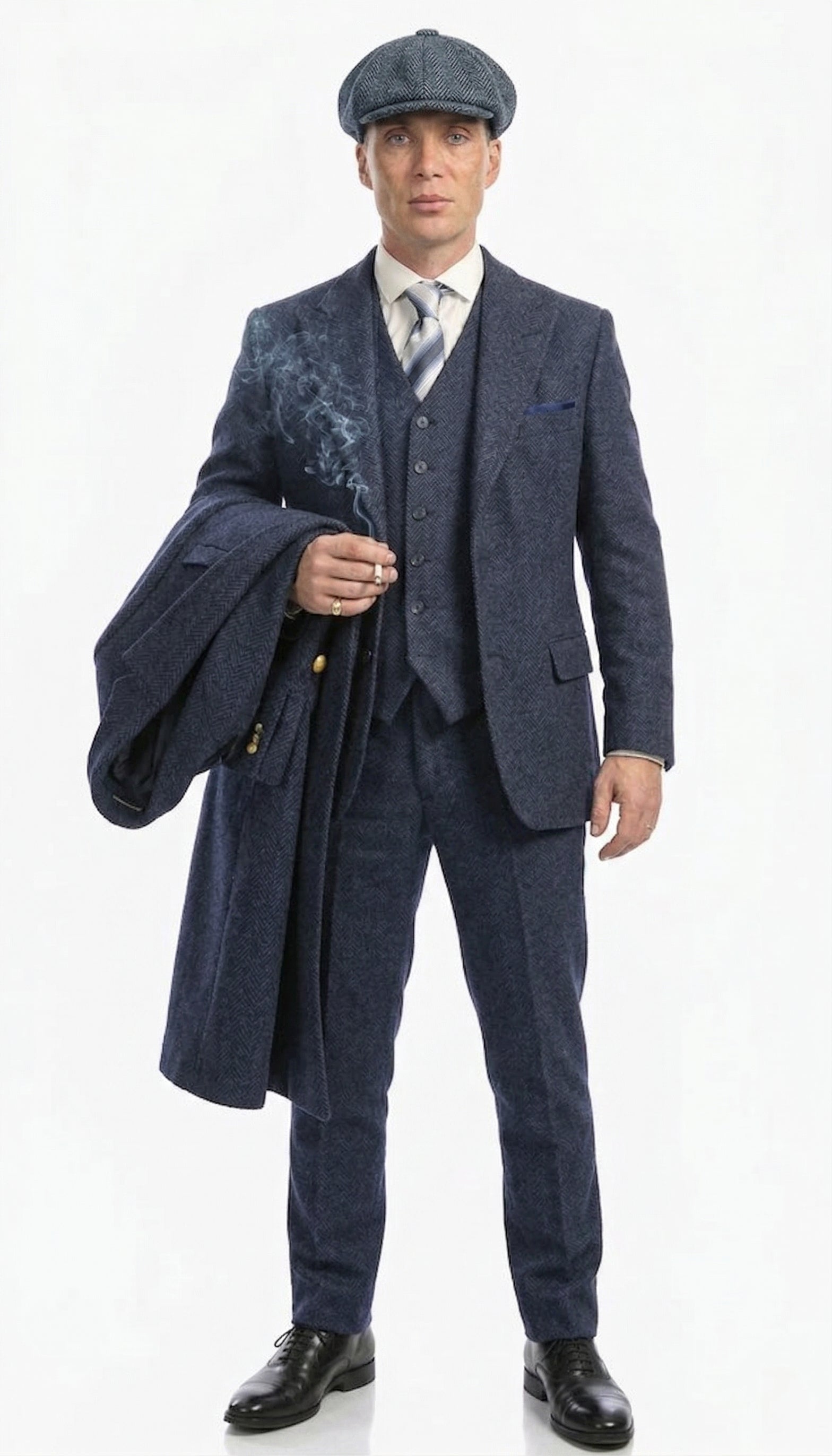 Men’s Navy Blue Herringbone Tweed  1920s 3 Piece Suit with Overcoat – Vintage Peaky Blinder Style Formal Suit Set with Blazer, Waistcoat + Overcoat + Hat - Navy Blue