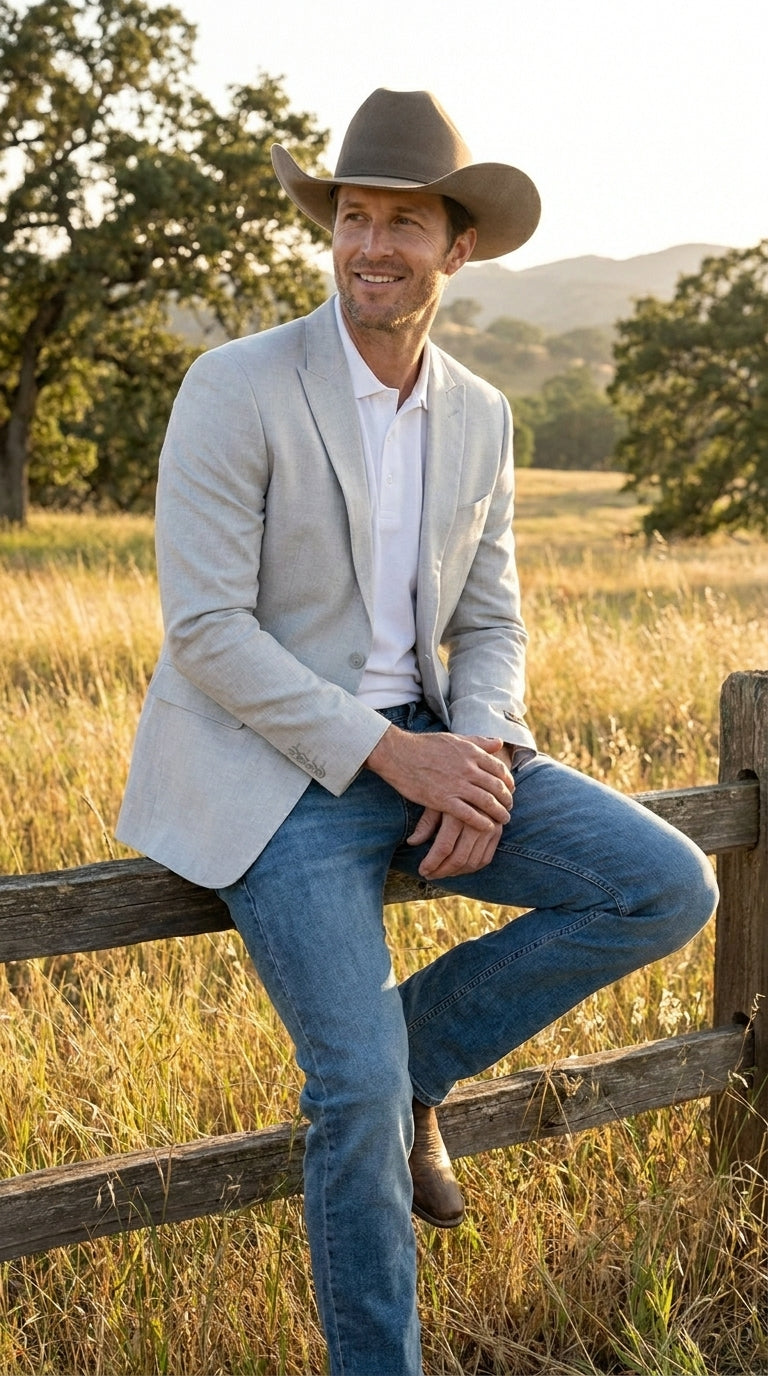 Men’s Very Light Grey - Linen Western Cowboy Blazer, Formal Sport Coat for Weddings, Parties, Country Events, and Casual Dress Wear in Ice Ash Color - 36 Short