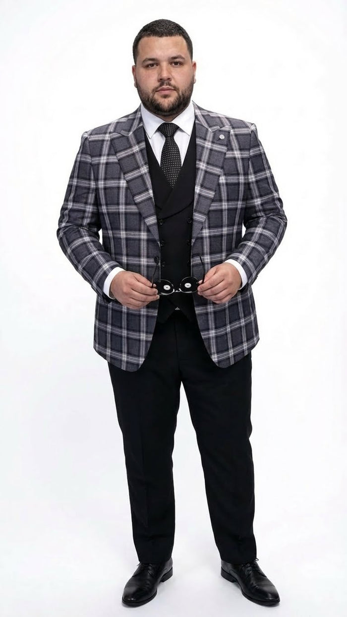Mens Big and Tall Charcoal Gray and Black Plaid Blazer Grey Checker Windowpane Sport Coat