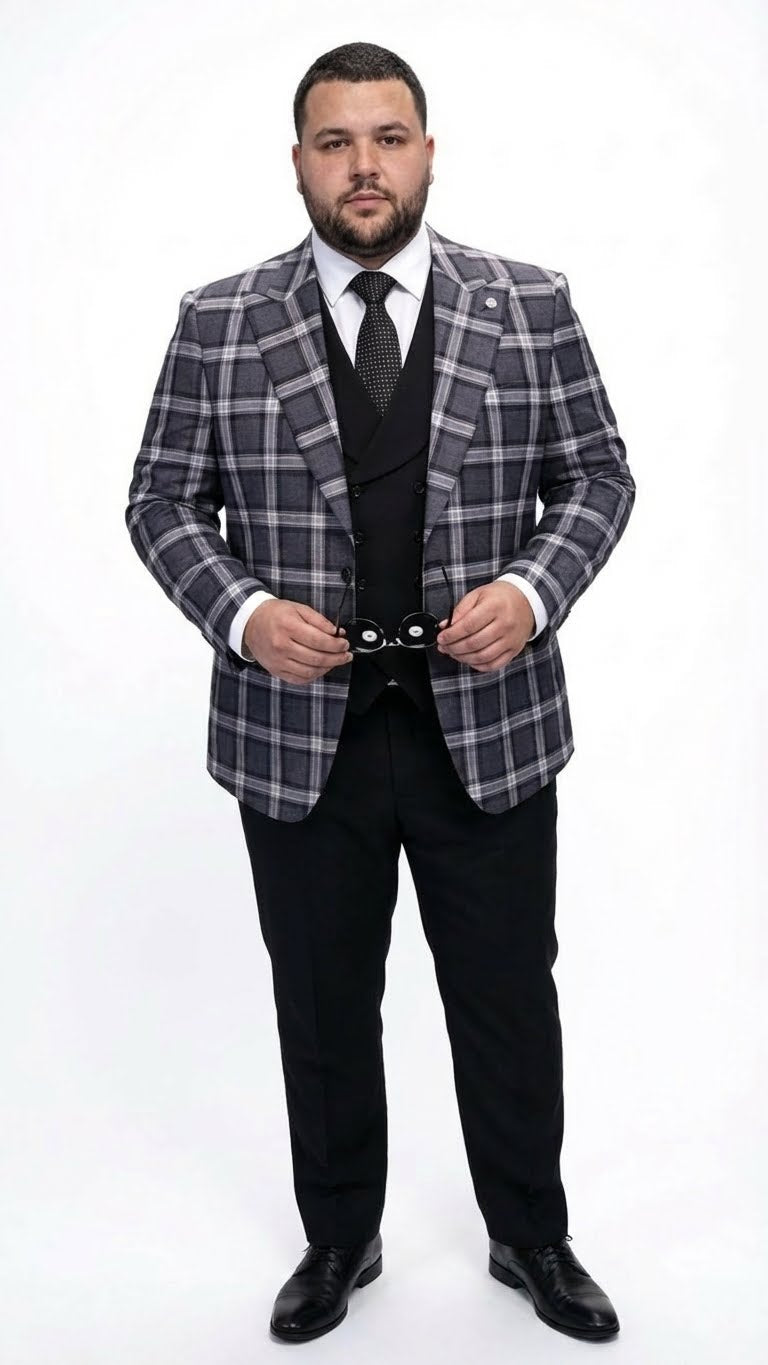 Men’s Big and Tall Charcoal Gray and Black Plaid Blazer – Grey Checker Windowpane Sport Coat - 36 Short
