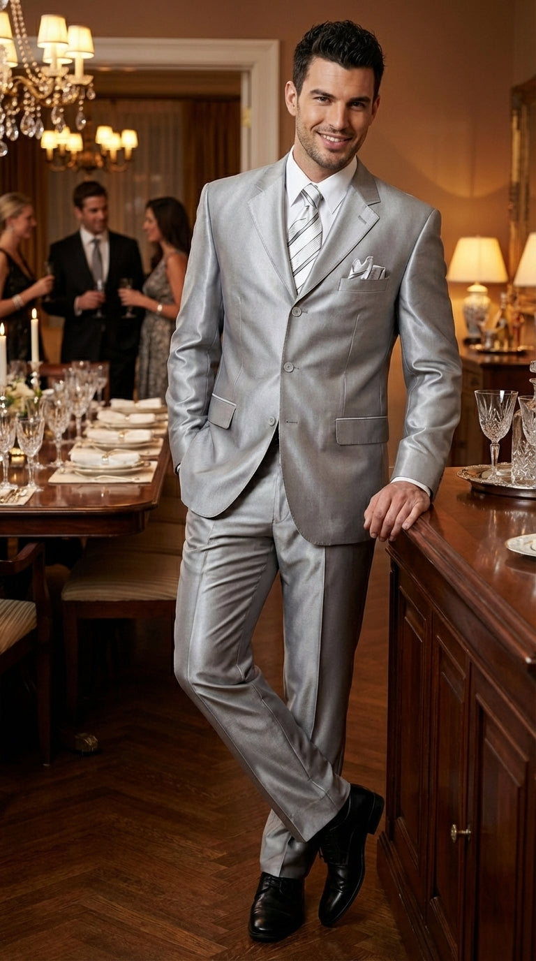 Men’s Silver Grey Sharkskin Suit – 3 Button Classic Fit Shiny Formal Suit for Wedding, Business and Party Wear - 34 Short or Extra Small