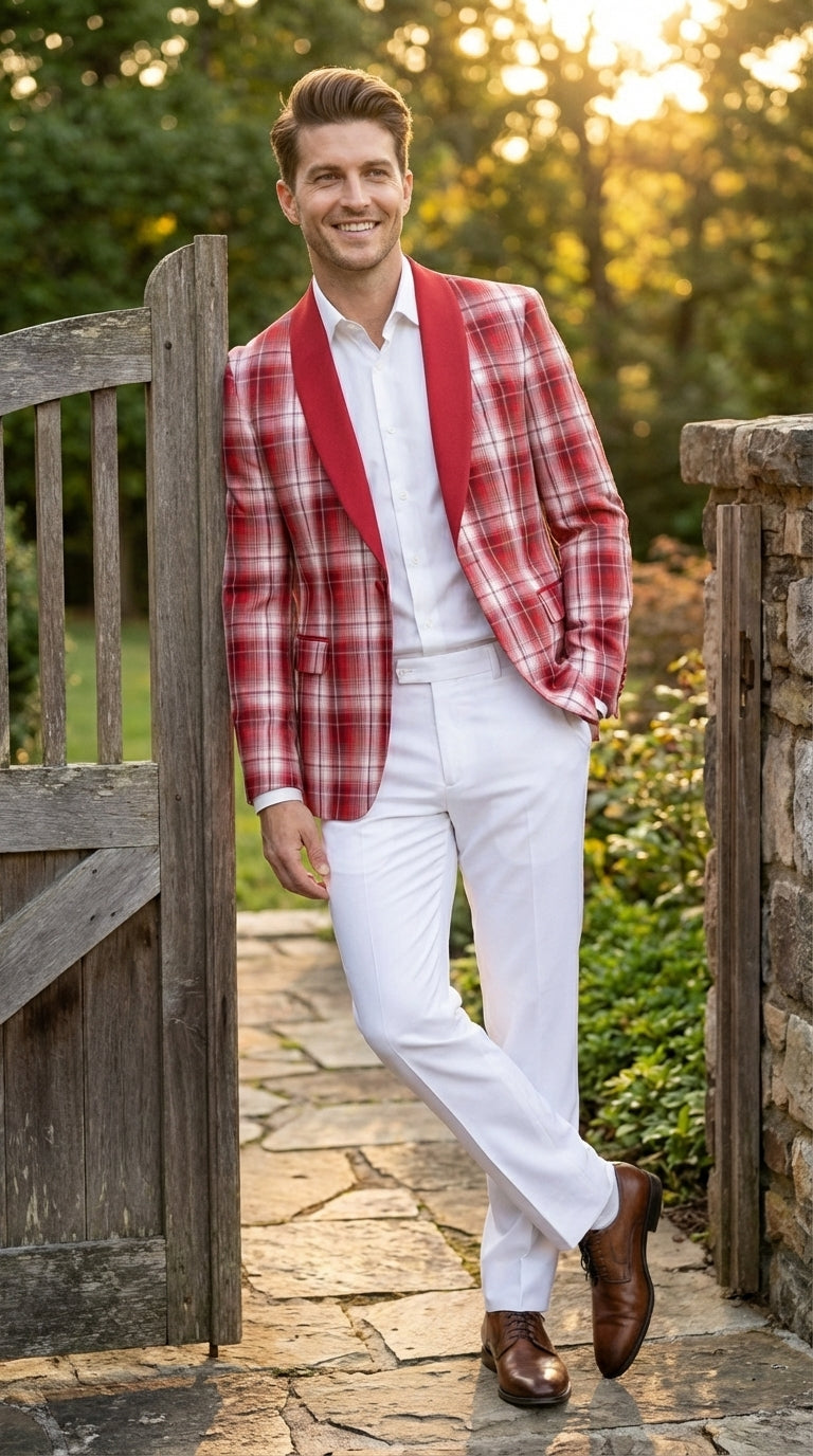 Mens Tartan Red and White Plaid Blazer – Check Pattern Sport Coat Red Shawl Lapel Party Christmas Holiday New Year - 36 Short