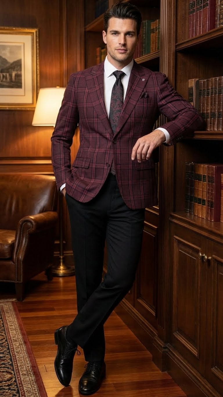 Men’s Burgundy Check Blazer – Windowpane Plaid blazer in Maroon Wine Color - 36 Short