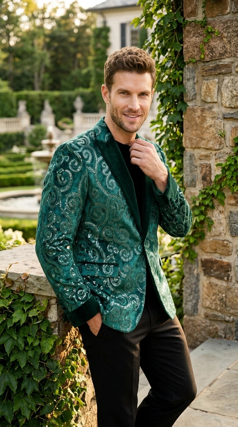 Men’s Emerald Green Paisley Tuxedo Dinner Jacket with Black Lapel, Formal Prom Wedding Party Blazer - 34 Short or Extra Small