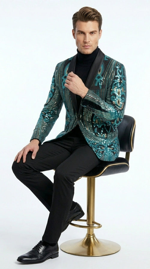 Men’s Black and Turquoise Blue With teal green Sequin Dinner Jacket, Formal Prom Wedding Paisley Floral Mardi Gra Pattern