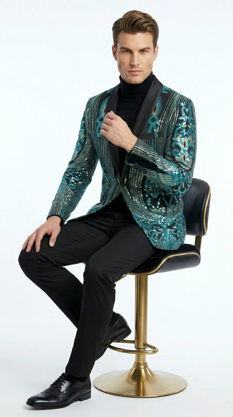 Men’s Black and Turquoise Blue With teal green Sequin Dinner Jacket, Formal Prom Wedding Paisley Floral Mardi Gra Pattern - 36 Short