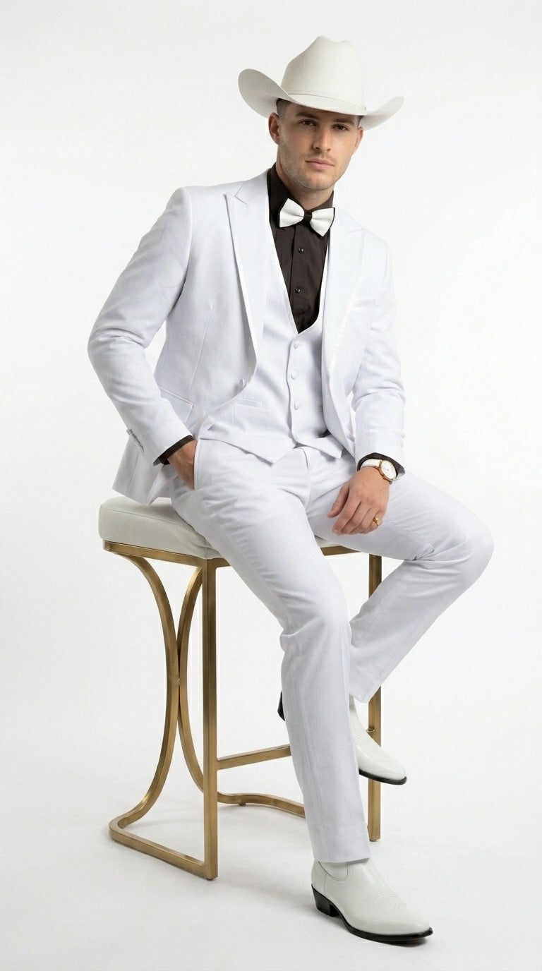 Men’s White Western Cowboy 3 Piece Tuxedo Suit, Formal Wedding Prom Groom Suit Set - 34 Short or Extra Small