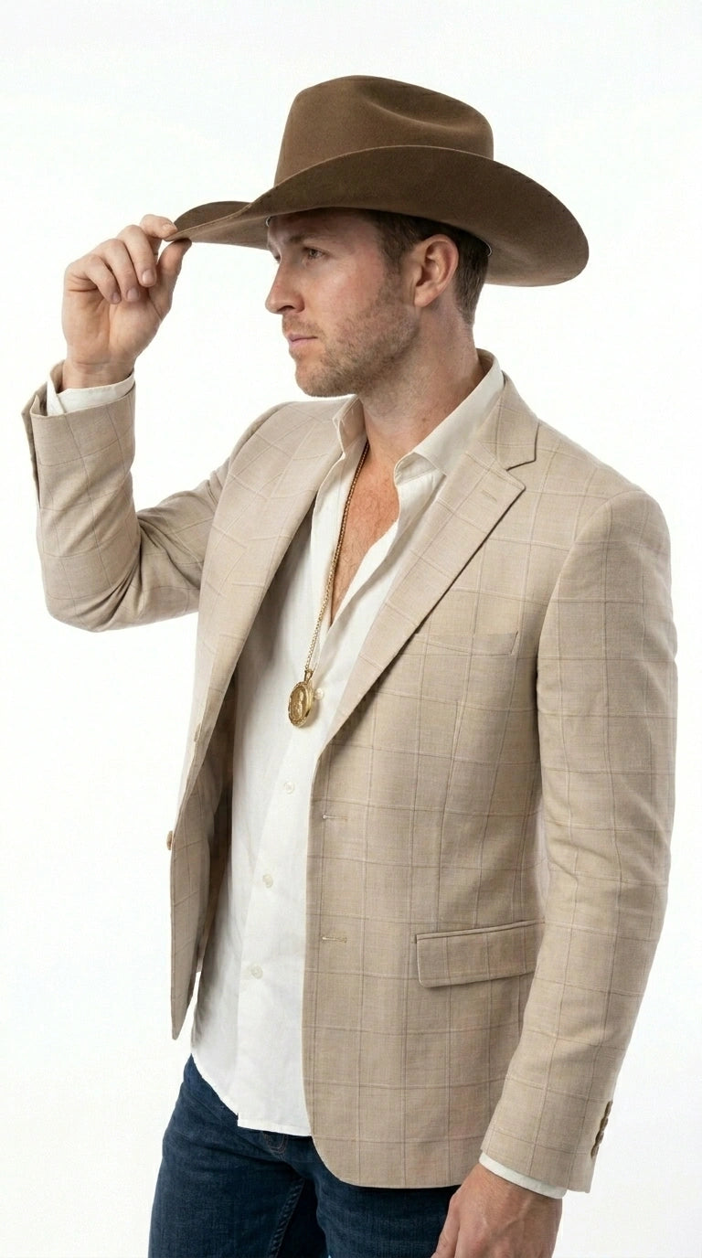 Men’s Cream Tan Beige Windowpane Plaid Western Blazer, Formal Cowboy Wedding Prom Sport Coat Jacket - 36 Short