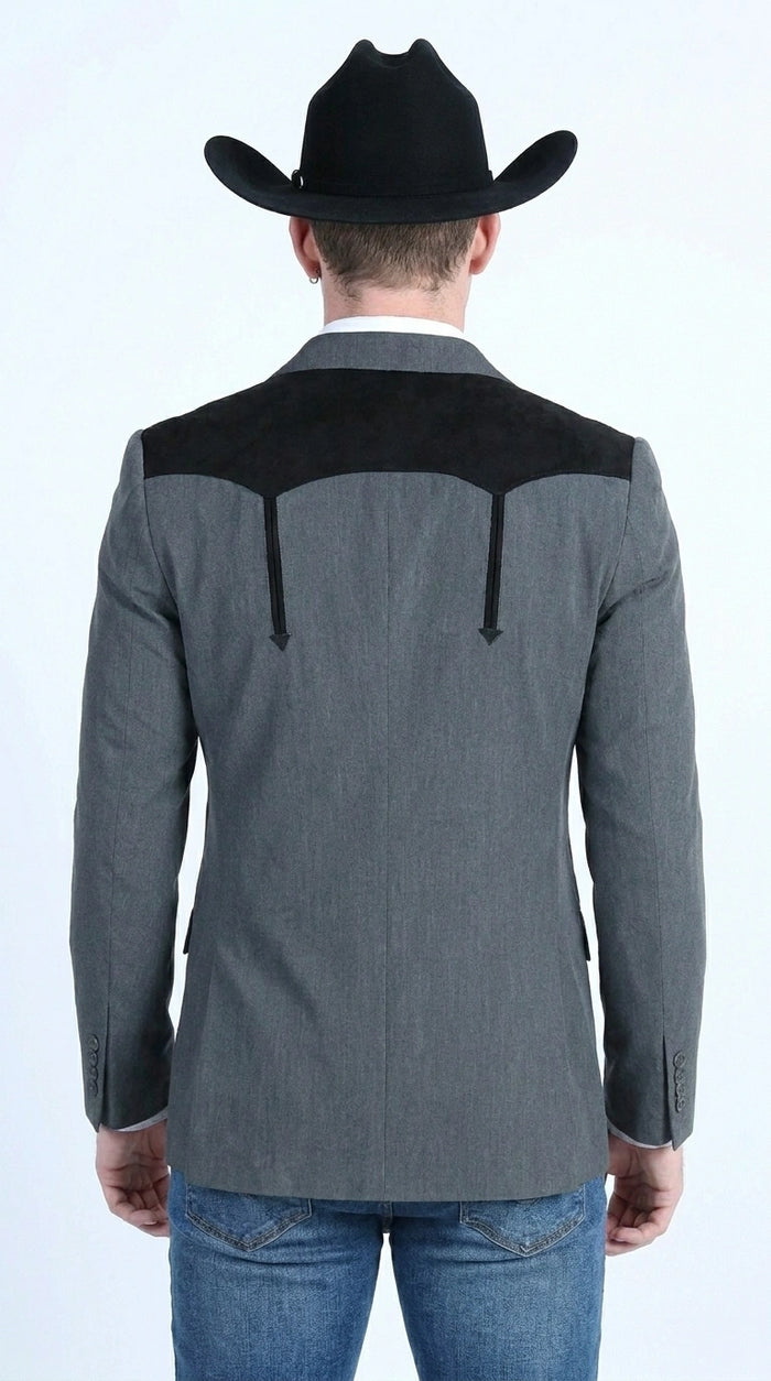 Men’s Dark Charcoal Western Blazer with Black Suede Yokes, Cowboy Sport Coat for Ranch Wedding and Country Events By Platini