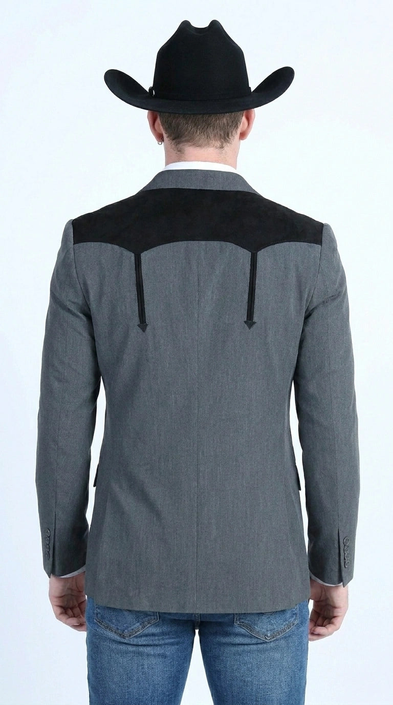 Men’s Dark Charcoal Western Blazer with Black Suede Yokes, Cowboy Sport Coat for Ranch Wedding and Country Events By Platini - 36 Short