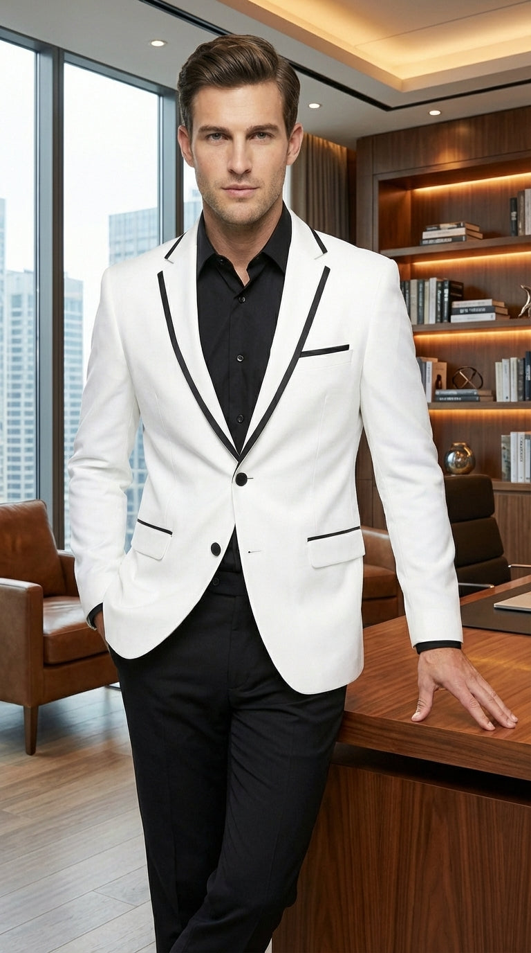 Men’s White Disco Blazer 70s Era Costume Jacket – Black Trim Retro Party Blazer, Vintage Dance Outfit, Stylish Evening Themed Wear - 36 Short