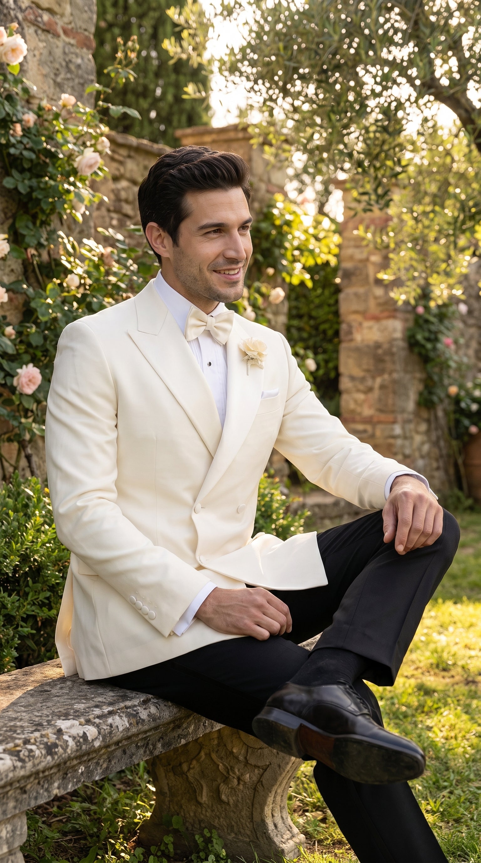 Men’s Ivory Double Breasted Dinner Jacket, Peak Lapel Formal Wedding Prom Tuxedo Blazer in cream off white color - 36 Short