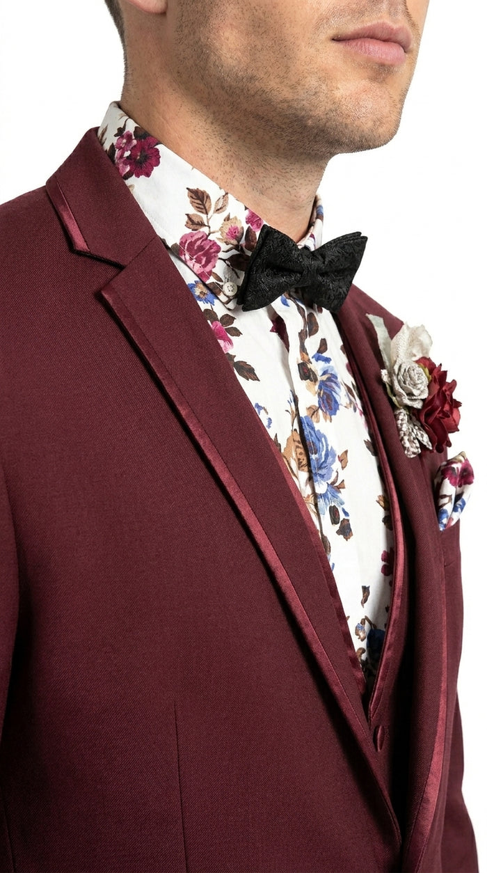 Men’s Burgundy Western Tuxedo Suit, 3 Piece Cowboy Formal Wedding Prom Suit with Satin Trim