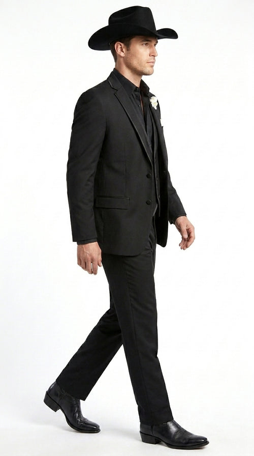 Men’s Black Western Tuxedo Suit, 3 Piece Cowboy Formal Wedding Prom Suit with Satin Trim