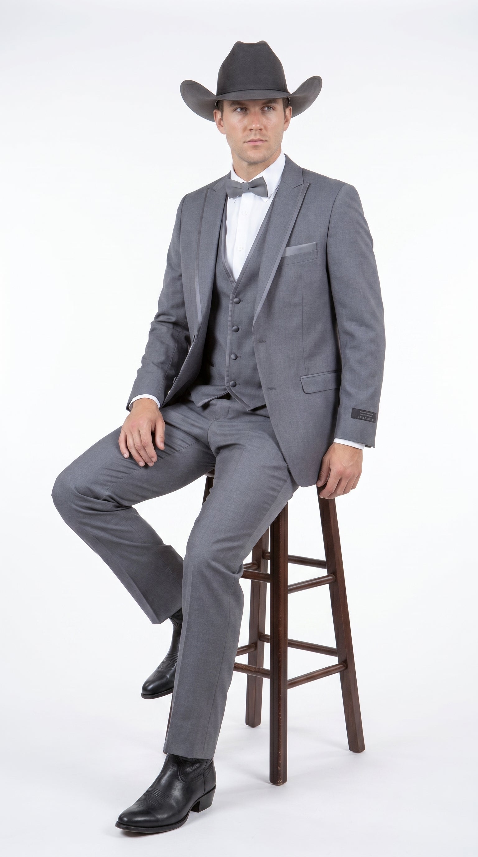 Men's Medium Grey Western 3-Piece Tuxedo Suit with Vest – Cowboy Style Formal Country Outfit - 34 Short or Extra Small