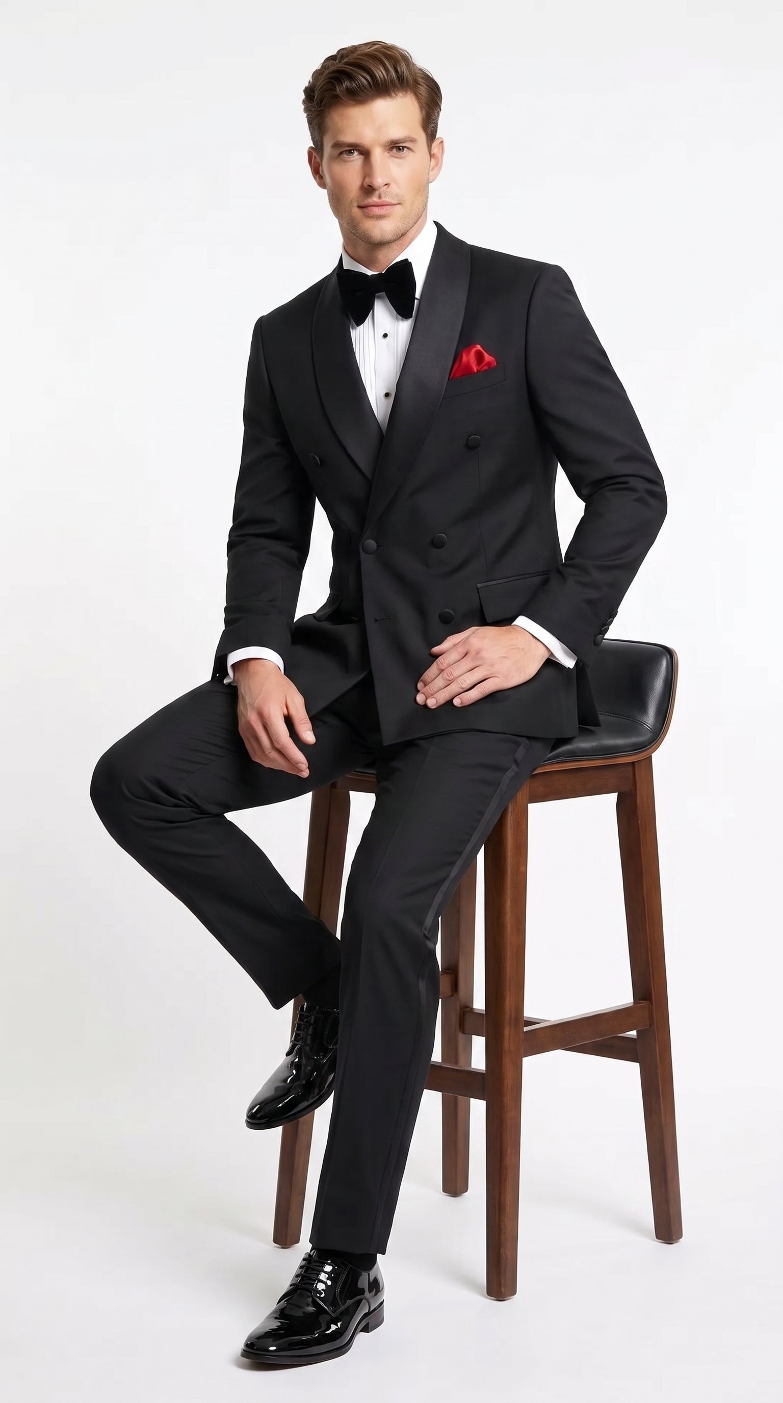 Men’s Black Double Breasted Evening Wear Suit with Satin Shawl Lapel and Red Pocket Square