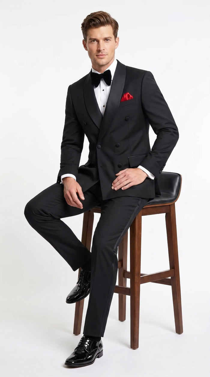 Men’s Black Double Breasted Evening Wear Suit with Satin Shawl Lapel and Red Pocket Square