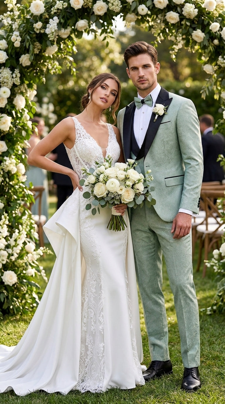 Men’s Sage Green Wedding Tuxedo with Black Shawl Lapel – 3 Piece Groom Prom Suit Mintish Color - 34 Short or Extra Small
