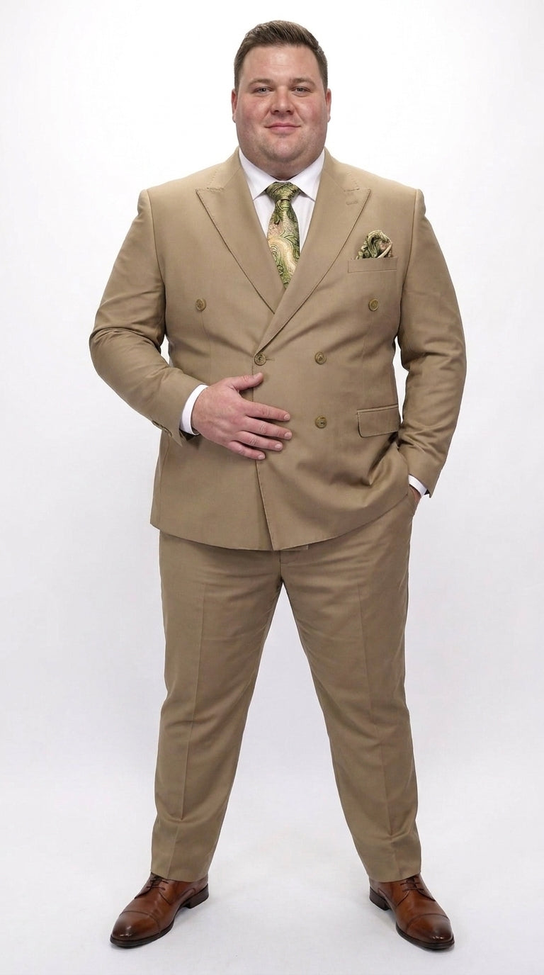 Men’s Statement Brand Caramel Khaki Double Breasted Wool Suit, Designer Formal Business Suit Set Wool Suit in Camel Color - 34 Short or Extra Small