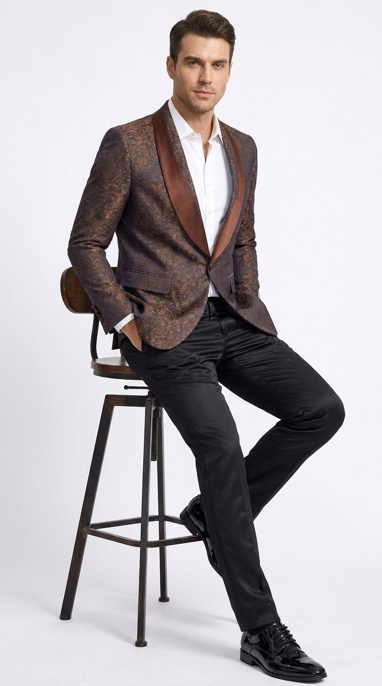 Men’s Light Brown Paisley Tuxedo Jacket, Wedding Prom Dinner Blazer with Satin Shawl Lapel - 36 Short