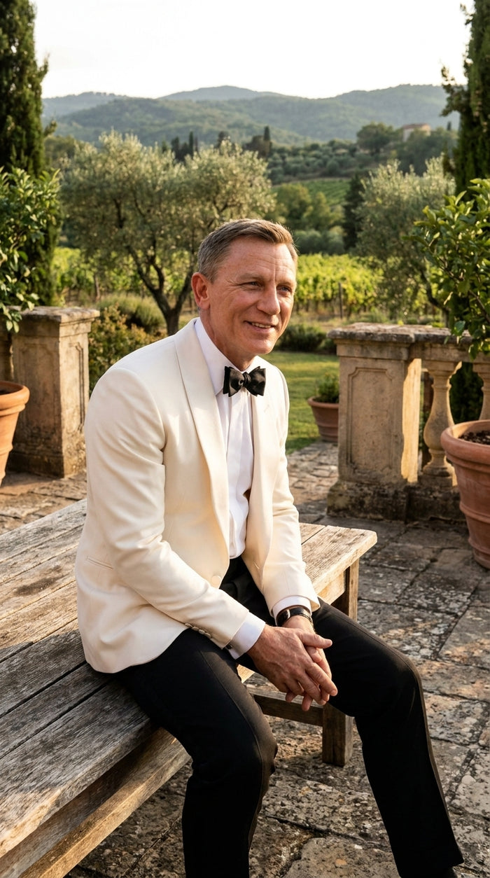 Men’s James Bond Style Ivory Dinner Jacket, White Tuxedo Blazer for Wedding, Prom and Black Tie Events