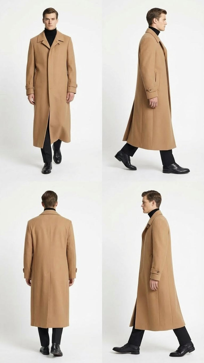 Mens Full-Length Camel Overcoat Classic Long Microfiber-Blend Coat for Winter and Formal Wear Maxi Duster Coat