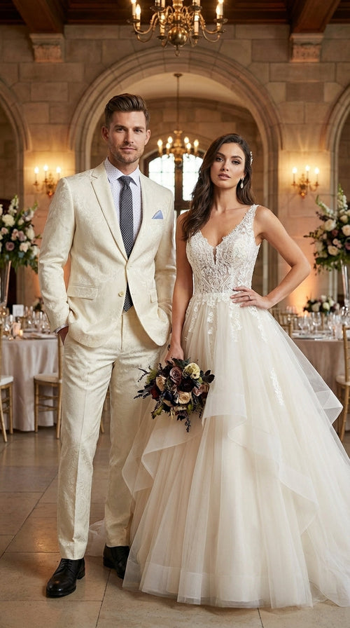 Men’s Ivory Paisley Shiny Suit – Flroal Formal Wedding and Prom Suit for Party, in Cream Off White