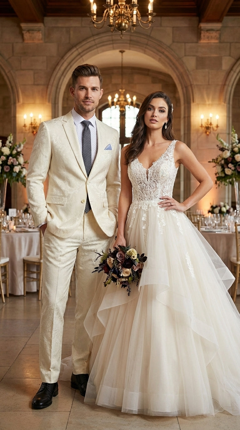 Men’s Ivory Paisley Shiny Suit – Flroal Formal Wedding and Prom Suit for Party, in Cream Off White - 34 Short or Extra Small