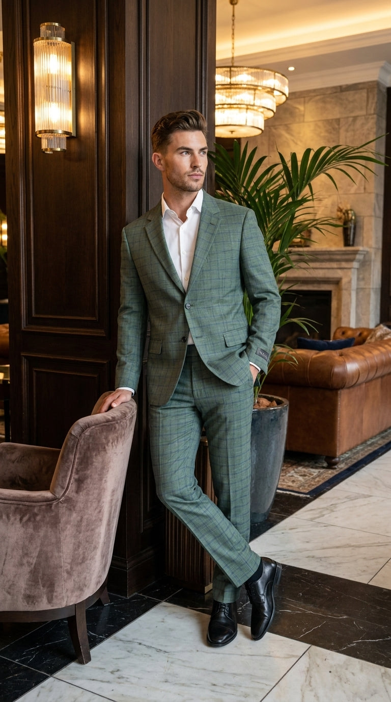 Men’s Tartan olive Green with blue checker Windowpane 2-Piece Suit – Modern Fit Plaid, Business and Formal Suit english styl - 34 Short or Extra Small
