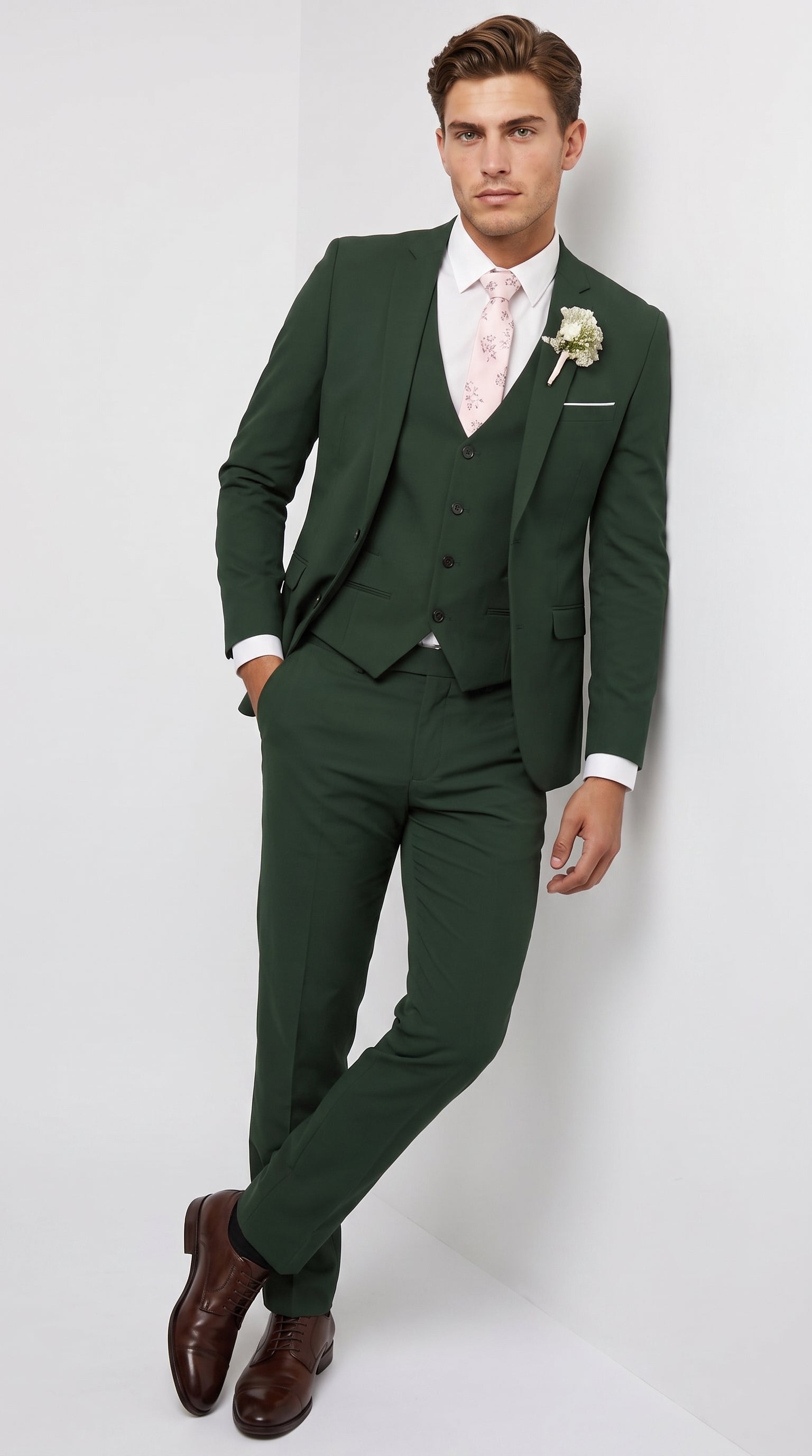 Men’s Forest Green 3 Piece Wedding Suit, Formal Groom Groomsmen Dress Suit Set - 34 Short or Extra Small